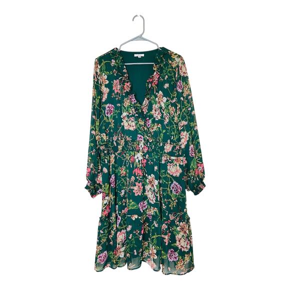 Maurices Womens V Neck Long Sleeve Floral A Line Skater Dress Pleated Green 3X - Picture 4 of 16